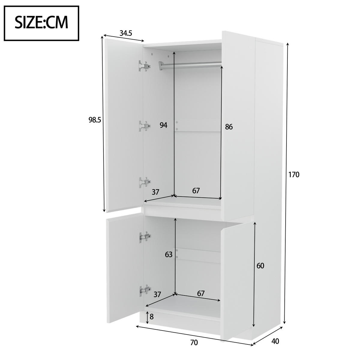 KLEIDERSCHRANK 70x40x170cm 2 Türen Stauraum Weiß - Weiß, Holz (70/170/40cm) - FLIEKS