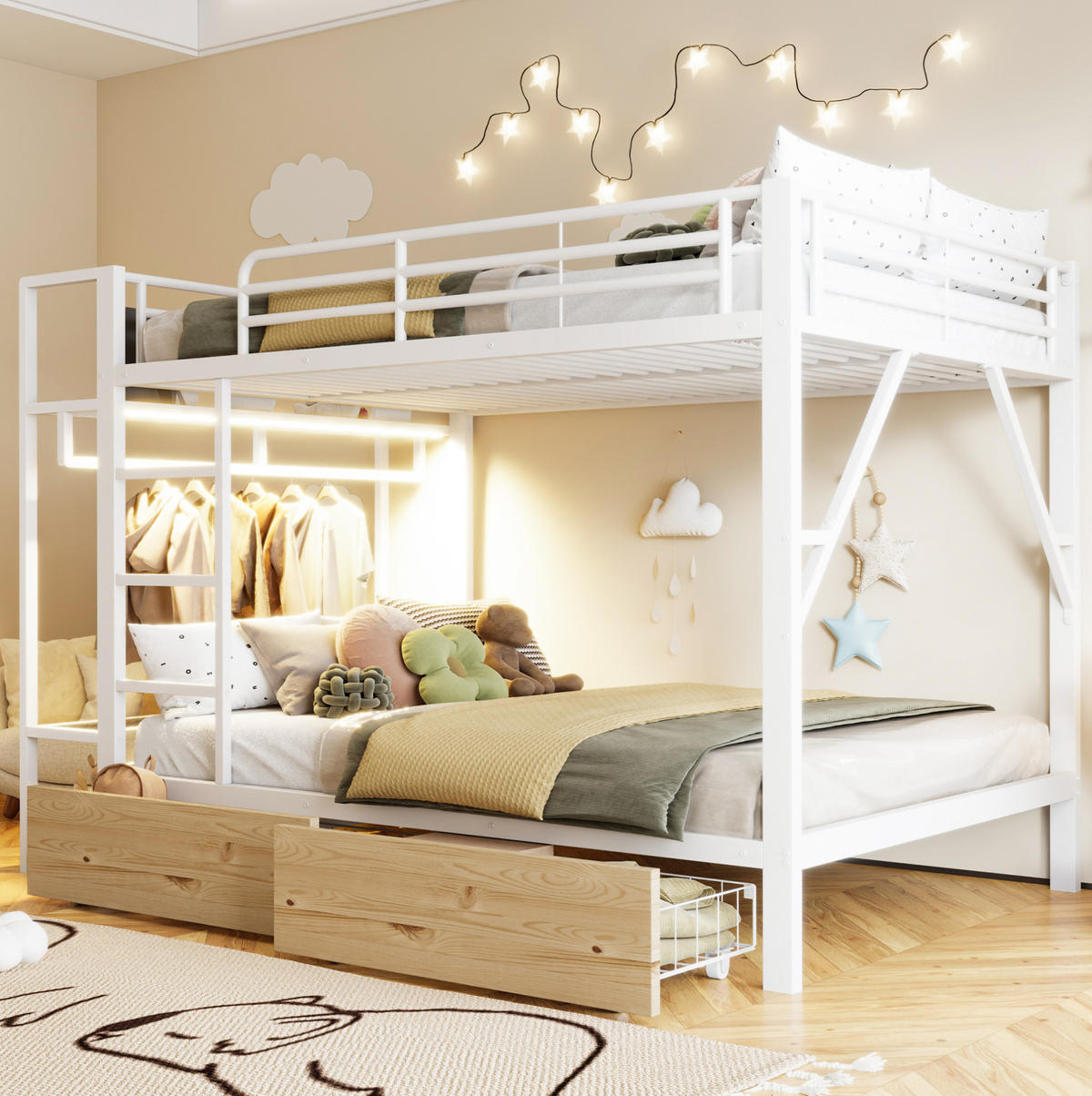 ETAGENBETT 140/200 cm weiß aus Metall mit LED, Regalen und 2 Schubladen - Weiß, Metall (140/200cm) - OKWISH