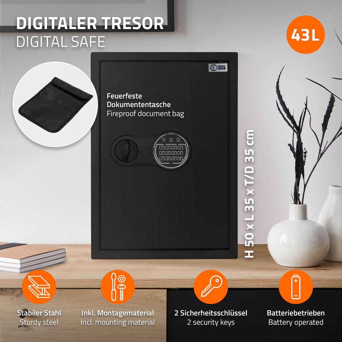 TRESOR 43L - Schwarz, Metall (31/50/35cm) - ECD-Germany