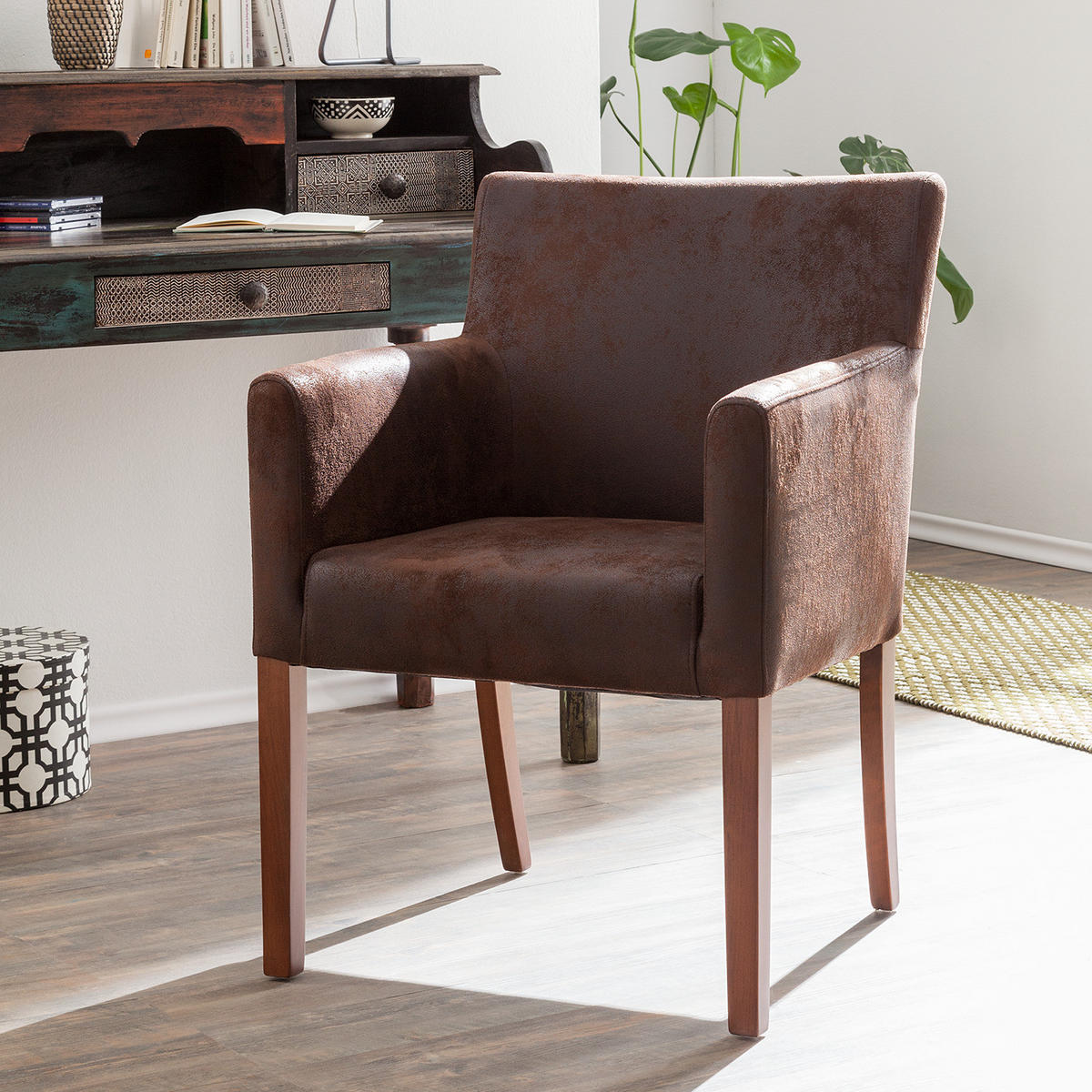 ARMLEHNENSTUHL - Microfaser / Massivholz - Braun, Holz/Textil (62/85/66cm) - home24