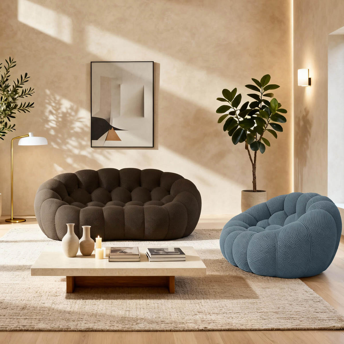 SITZGARNITUR Cocoon Sofa und Sessel Schokolade und Blau - Blau/Braun, Textil (190/75/113cm) - COCO Living