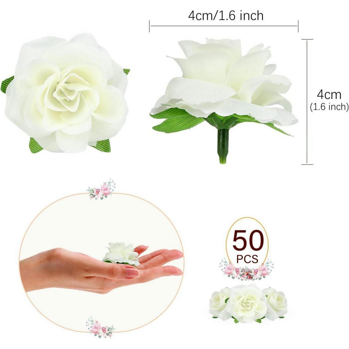 KUNSTBLUMEN Rosenköpfe 50-teiliges Set Hellgelb 4 cm - Weiß, Kunststoff (3.5cm)
