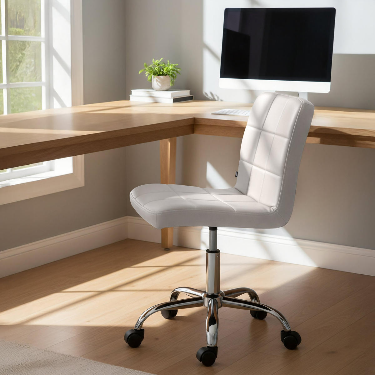 DREHSTUHL Lederlook Weiß - Chromfarben/Weiß, Textil/Metall (47/93/56cm) - CLP