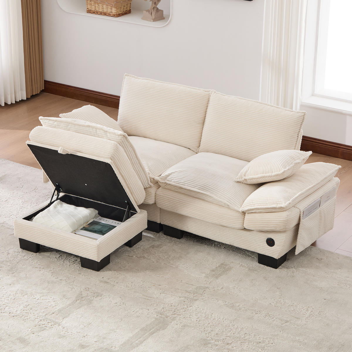 2-SITZER Sofa aus Corduroy 190x132x84 cm mit Hocker & USB-C, beige - Beige, Textil (132/84/190cm)