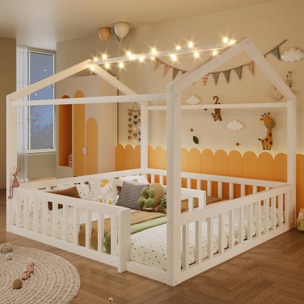 HAUSBETT aus Kiefernholz 90x190/180x190 cm Weiß mit Schutzgitter, LED-Licht und teilbarem Dual-Design - Weiß, Holzwerkstoff (90/190cm) - Modfu