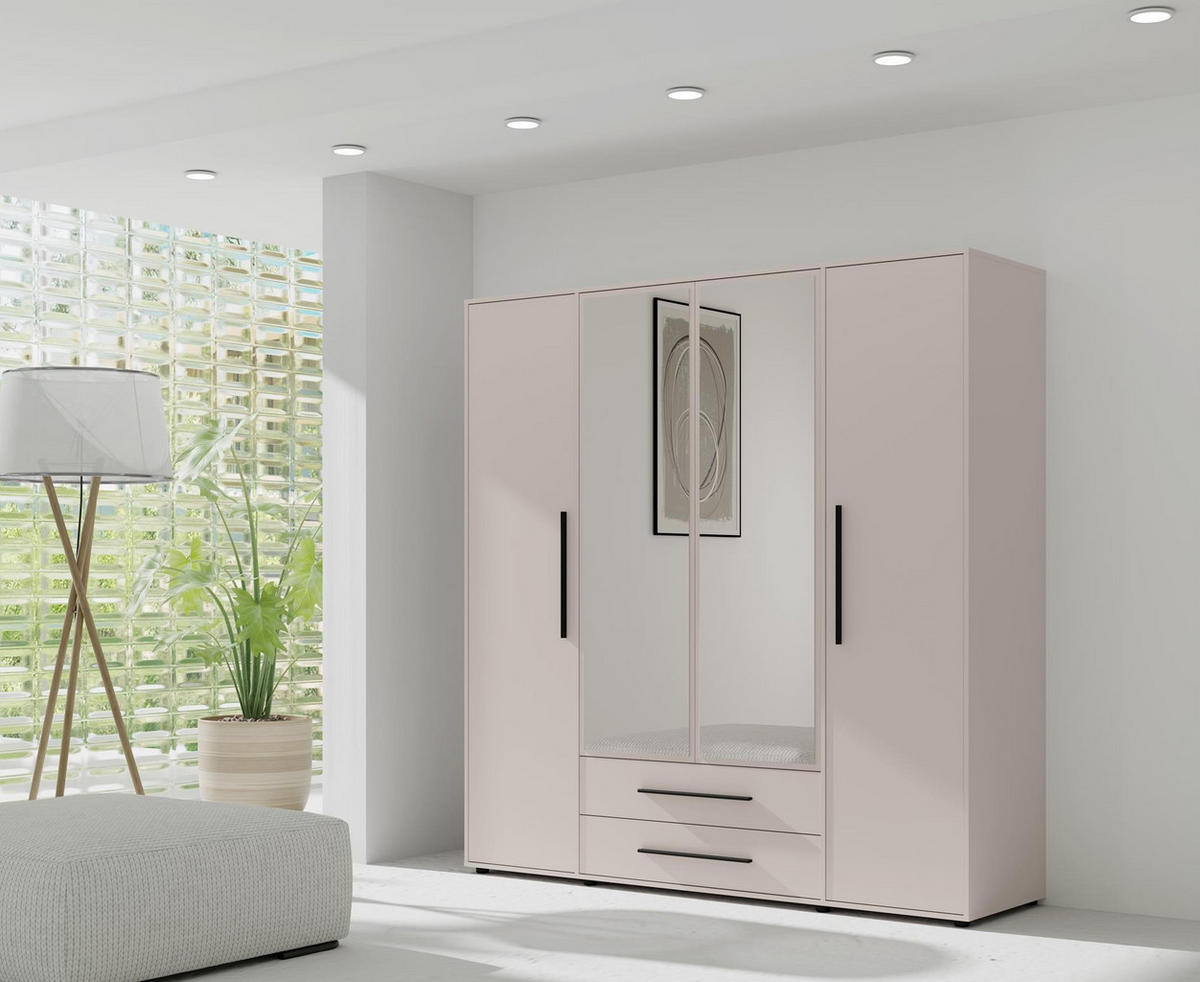 KLEIDERSCHRANK Maxivo Kaschmir, viertüriger Kippschrank mit Schubladen und Spiegel - Kaschmir/Schwarz, Holzwerkstoff (198/206/59cm) - Bettso