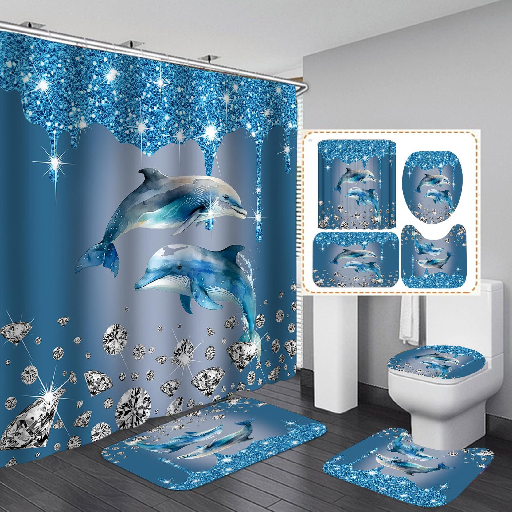 DUSCHVORHANG SET Blau mit Haken inklusive Bodenmatte Toilettendeckel und Badematte - Blau, Textil (180/180cm) - MCBOSON
