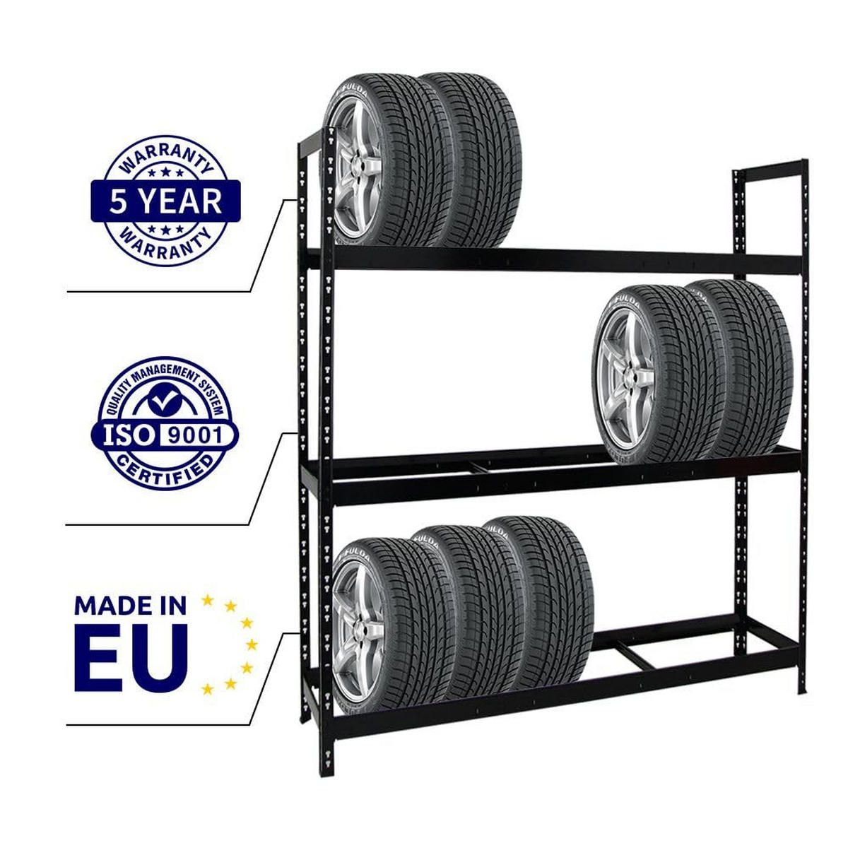 REIFENREGAL Tiger XL 2er-Set mit 2x 200x180x45 cm 300 kg Fachlast bis zu 42 Reifen Schwarz - Schwarz, Metall (360/200/45cm) - PROREGAL