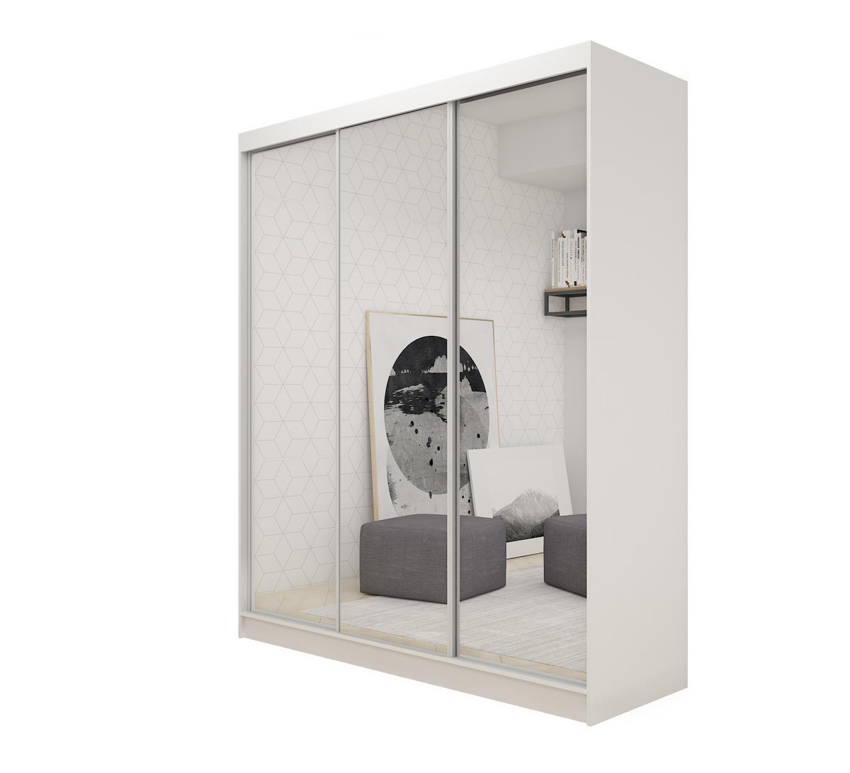 SCHWEBETÜRENSCHRANK BELLINA 180/216/61 cm 3-türig mit Spiegel Weiß - Weiß, Holzwerkstoff (180/216/61cm) - MASSENO