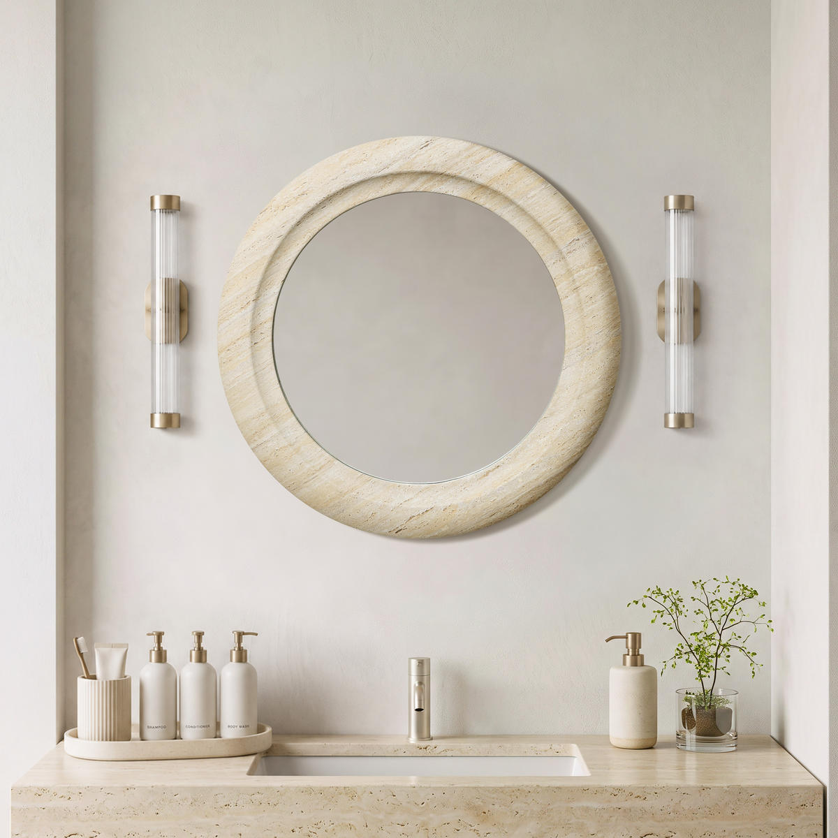WANDSPIEGEL rund mit Holzrahmen Ø 52 cm - Beige, Glas/Holz (52/3/52cm)