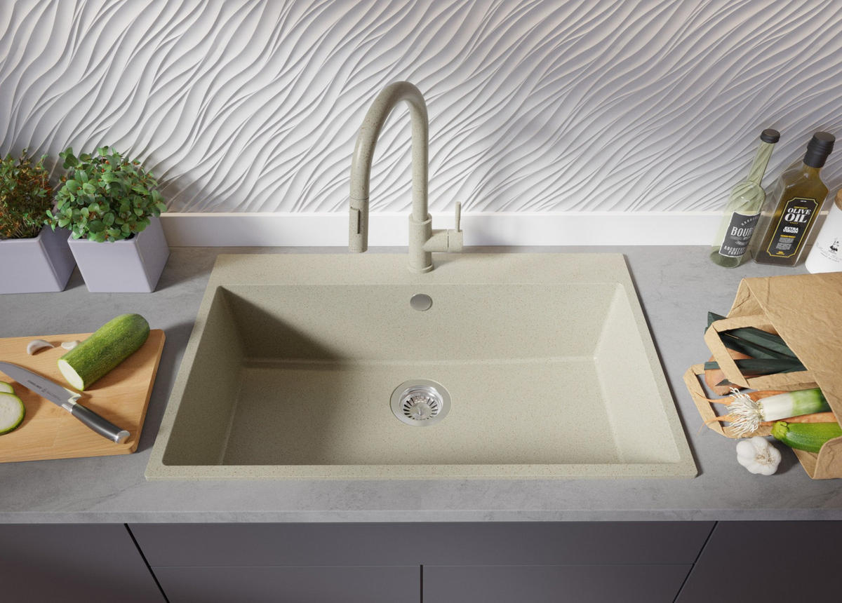 GRANITSPÜLE Riga, 3-er set Alles Beige 78/50 cm, 1 Becken + Küchenarmatur 32/20 cm + Ablauf-Set ab 80er Unterschrank - Beige, Kunststoff (78/20/50cm) - Primagran