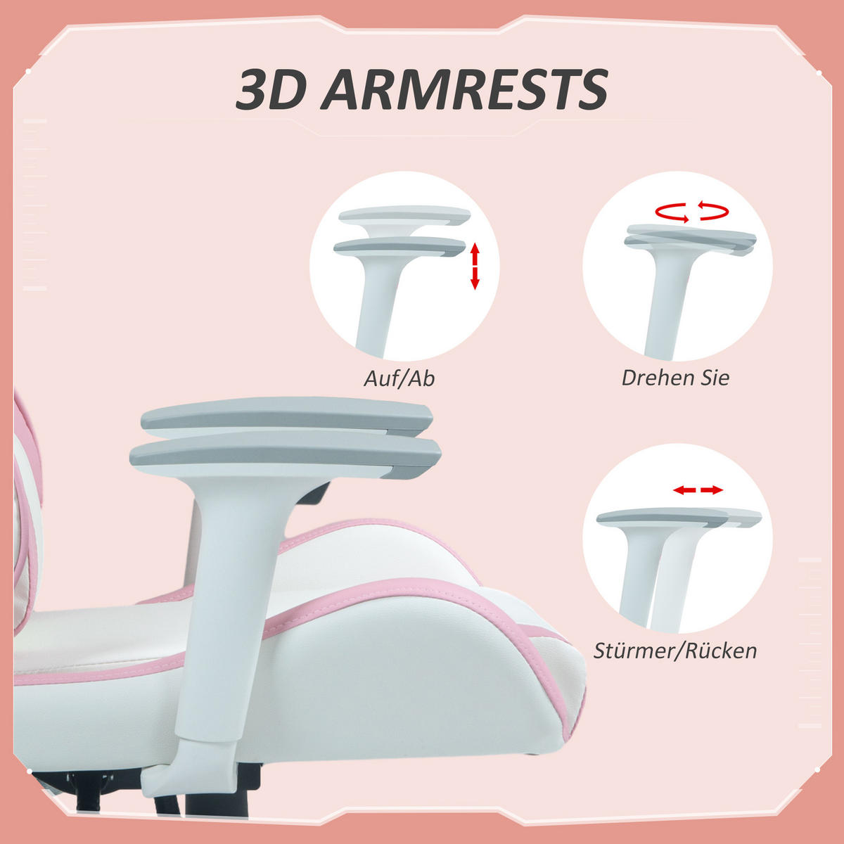 GAMING Stuhl, 3D Armlehne, Rosa - Rosa, Leder (60/128/67cm) - HOMCOM