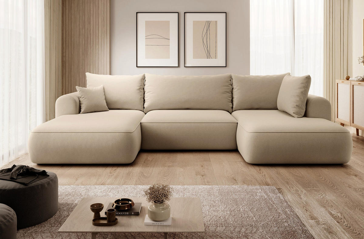 WOHNLANDSCHAFT Ovo Beige Velours - Beige/Schwarz, Textil (380/95/167cm) - Selsey