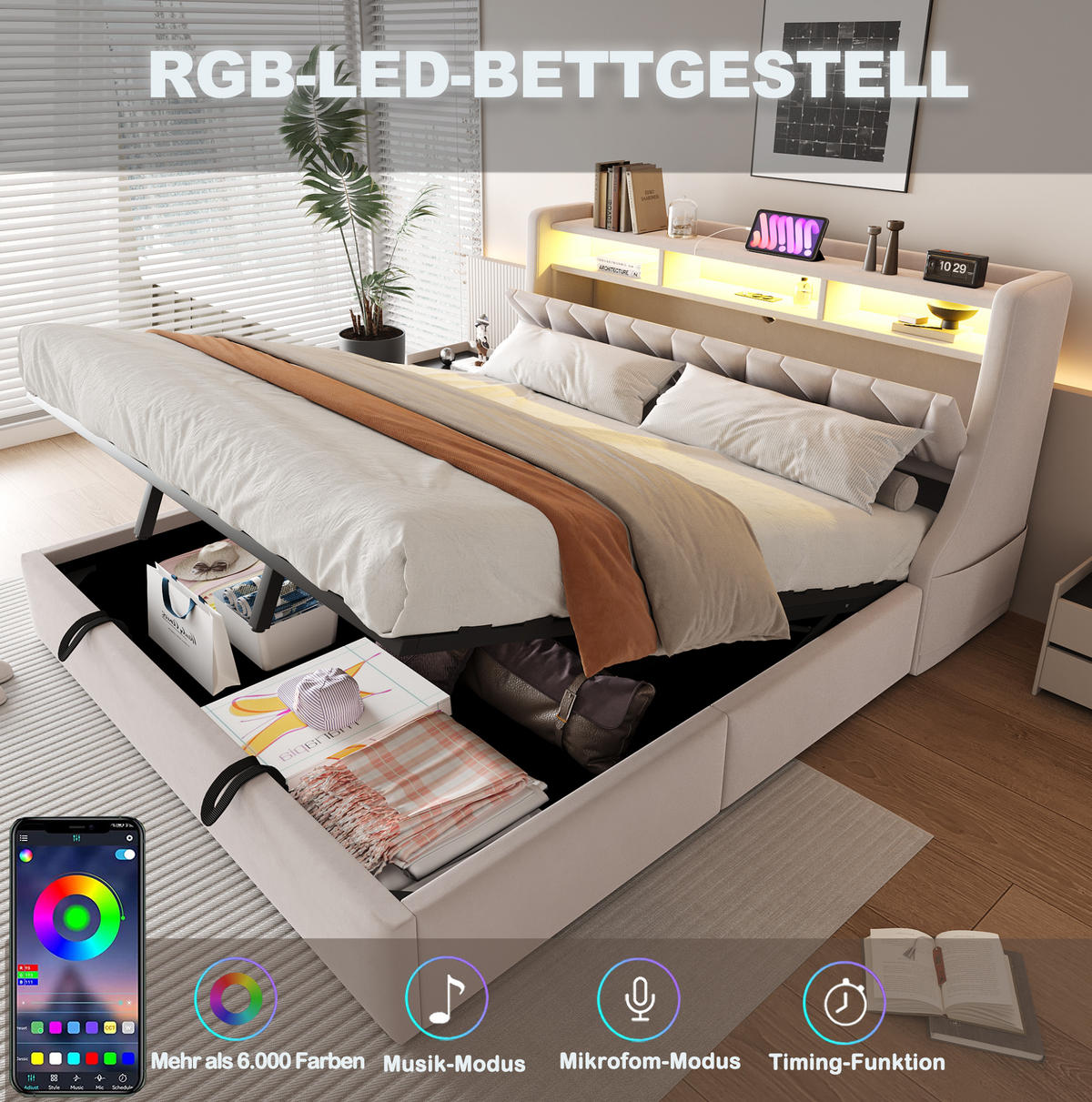 POLSTERBETT 180/200 cm Beige aus Samt mit Stauraum mit LED-Beleuchtung - Beige, Textil (180/200cm) - OKWISH