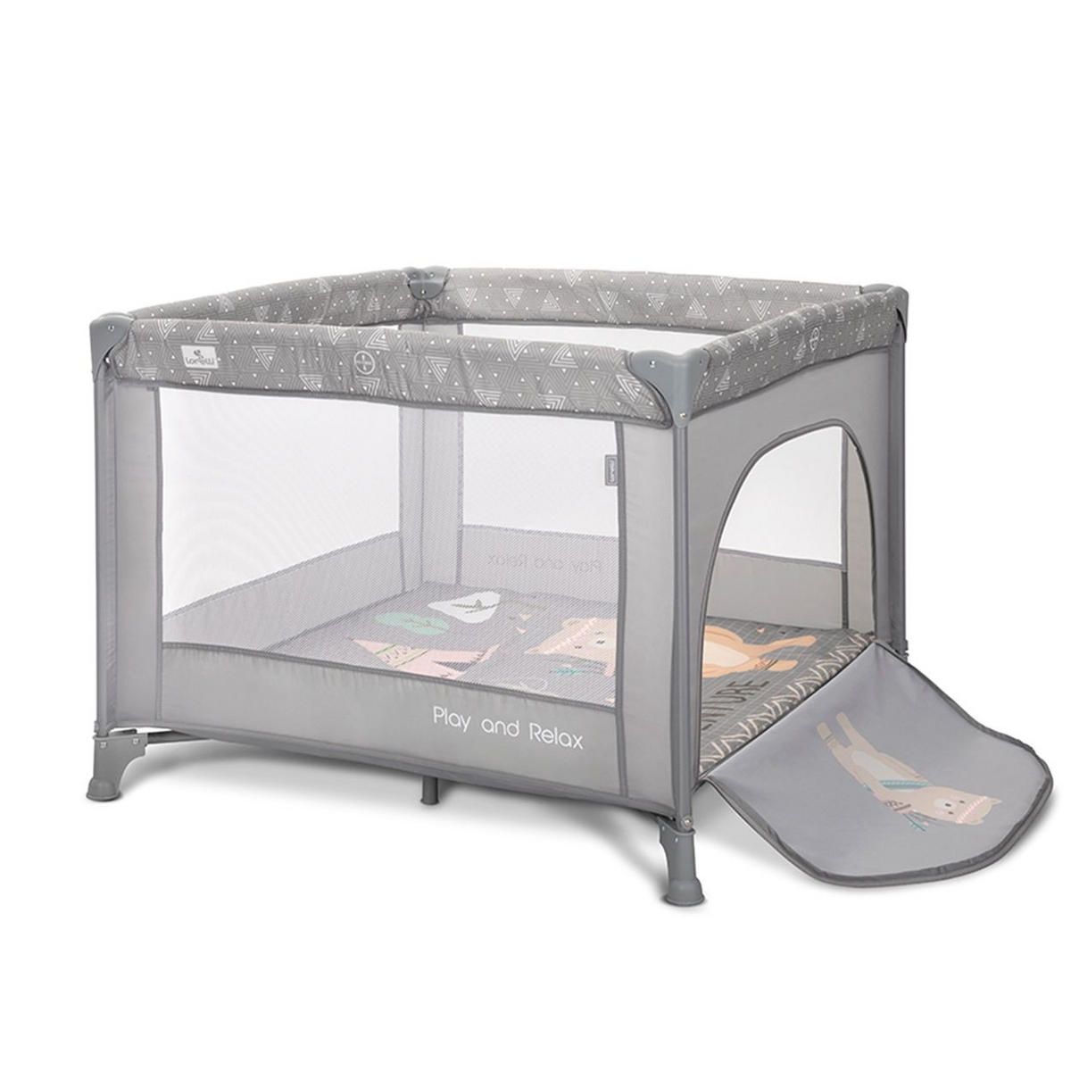 LAUFSTALL Play`n Relax grau 100 x 100 cm, seitliche Öffnung, Matratze, Tragetasche, Babyreisebett - Grau, Metall (100/75/100cm) - Lorelli