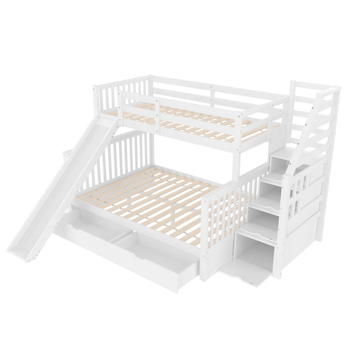 ETAGENBETT 90/200 über 140/200 cm mit Rutsche, 2 Schubladen und Stauraum aus Kiefer/MDF, Antikweiß - Weiß, Holzwerkstoff (90/200cm) - Redom