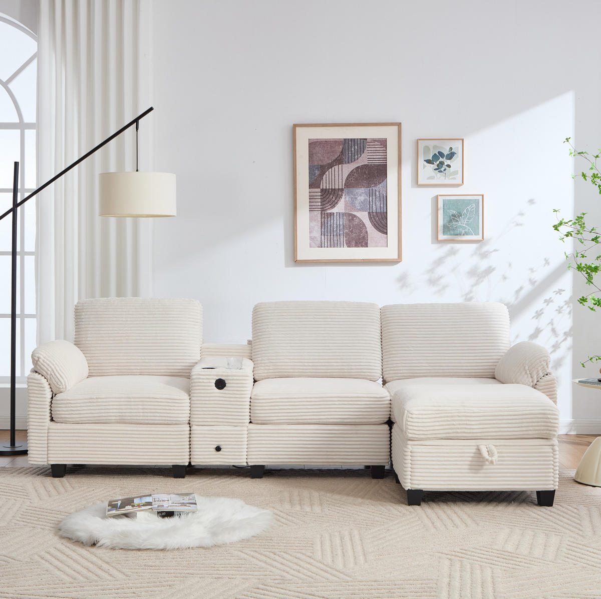 ECKSOFA Cord mit Memory Foam USB-Anschluss und Stauraum 266/136/82 cm Beige - Beige, Textil (136/82/266cm) - Redom