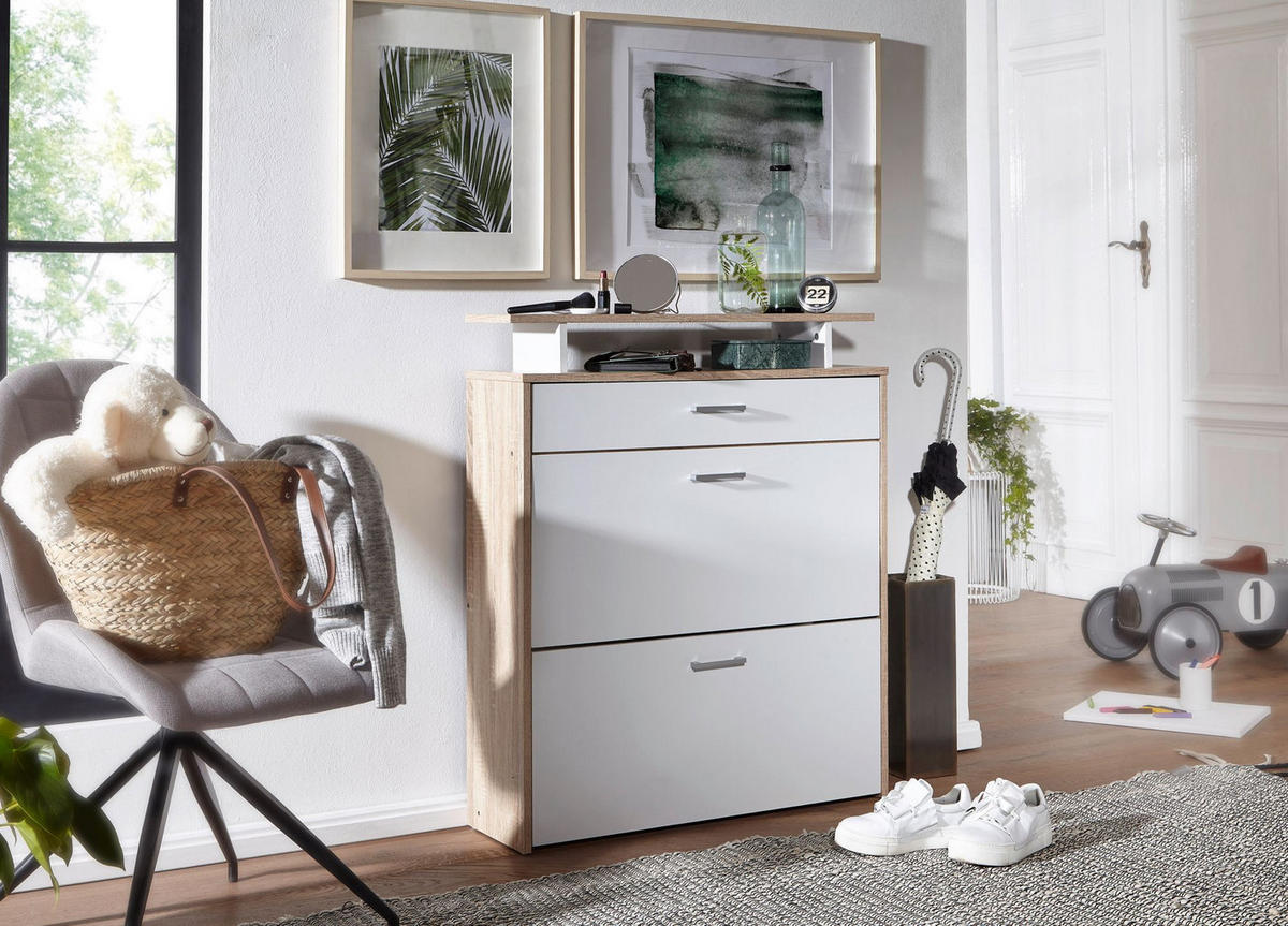 SCHUHKIPPER – Sonoma Eiche, 4 Fächer, großzügige Ablage, MDF-Holz - Beige, Holz (80/95/24cm) - KADIMA DESIGN