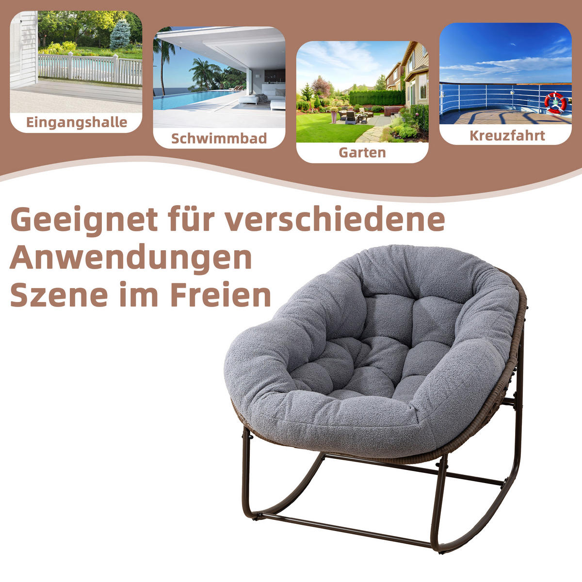 SCHAUKELSTUHL Schaukelsessel Garten,Rattanstuhl mit Stahlrahmen,Grau-Fleece - Grau, Metall (94.5/80/111cm) - LVHOM