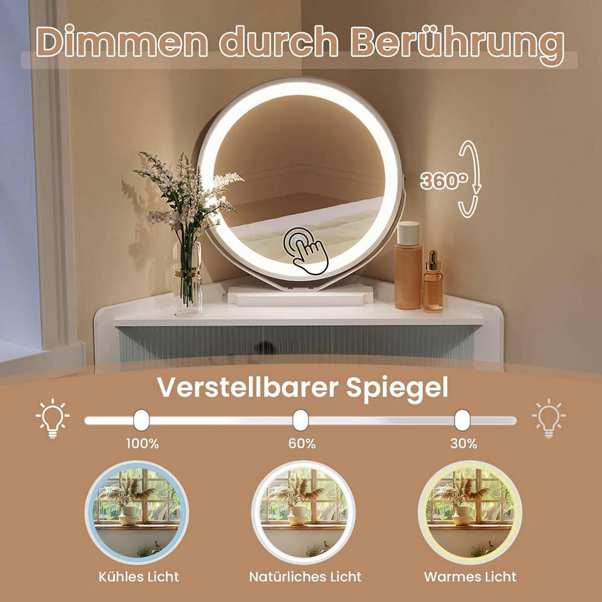 ECK-SCHMINKTISCH mit Beleuchtung, Weiß - Weiß, Glas/Holzwerkstoff (99/139/63cm) - Woltu