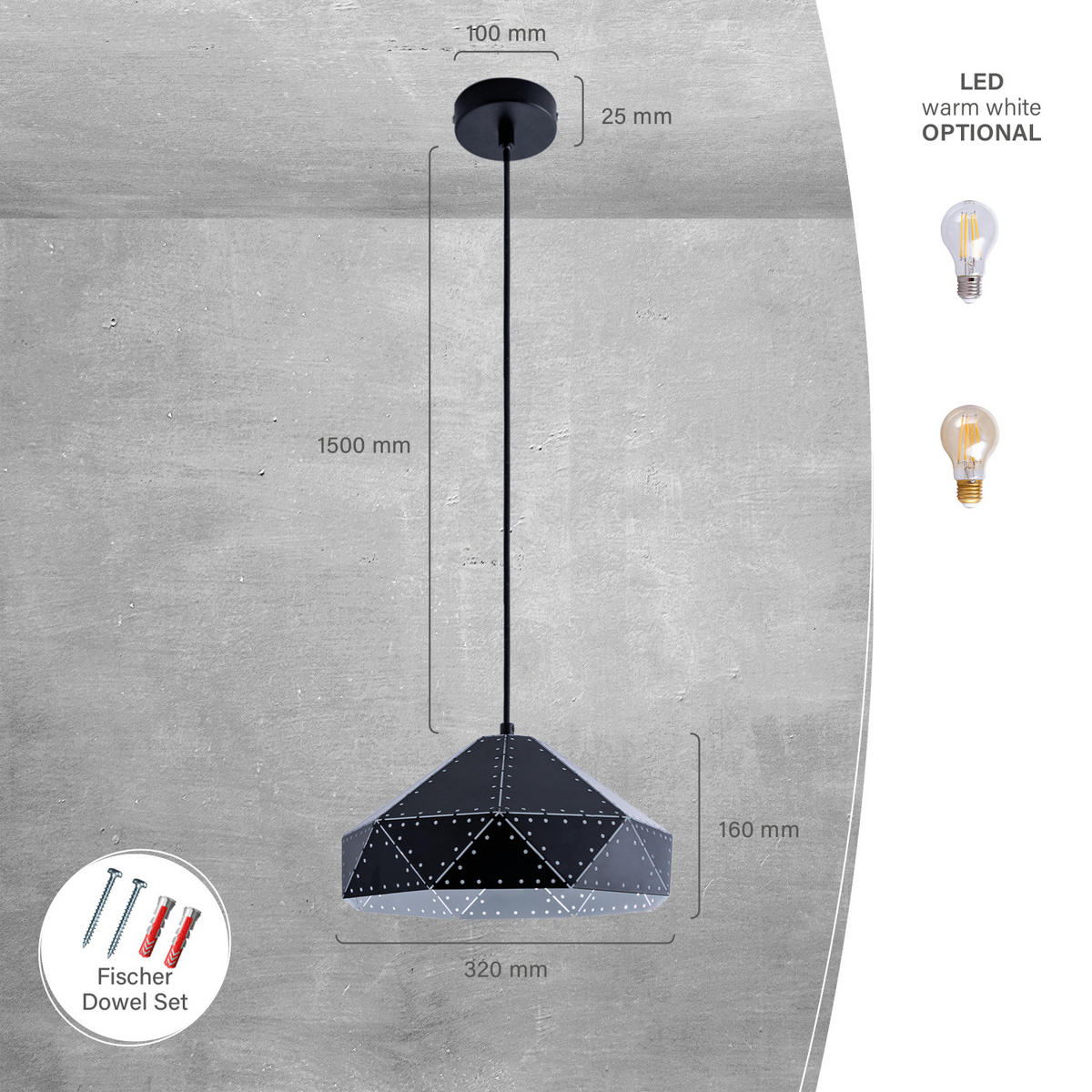 PENDELLEUCHTE Sayid - Schwarz/Weiß, Metall (32/32/16cm) - Paco Home