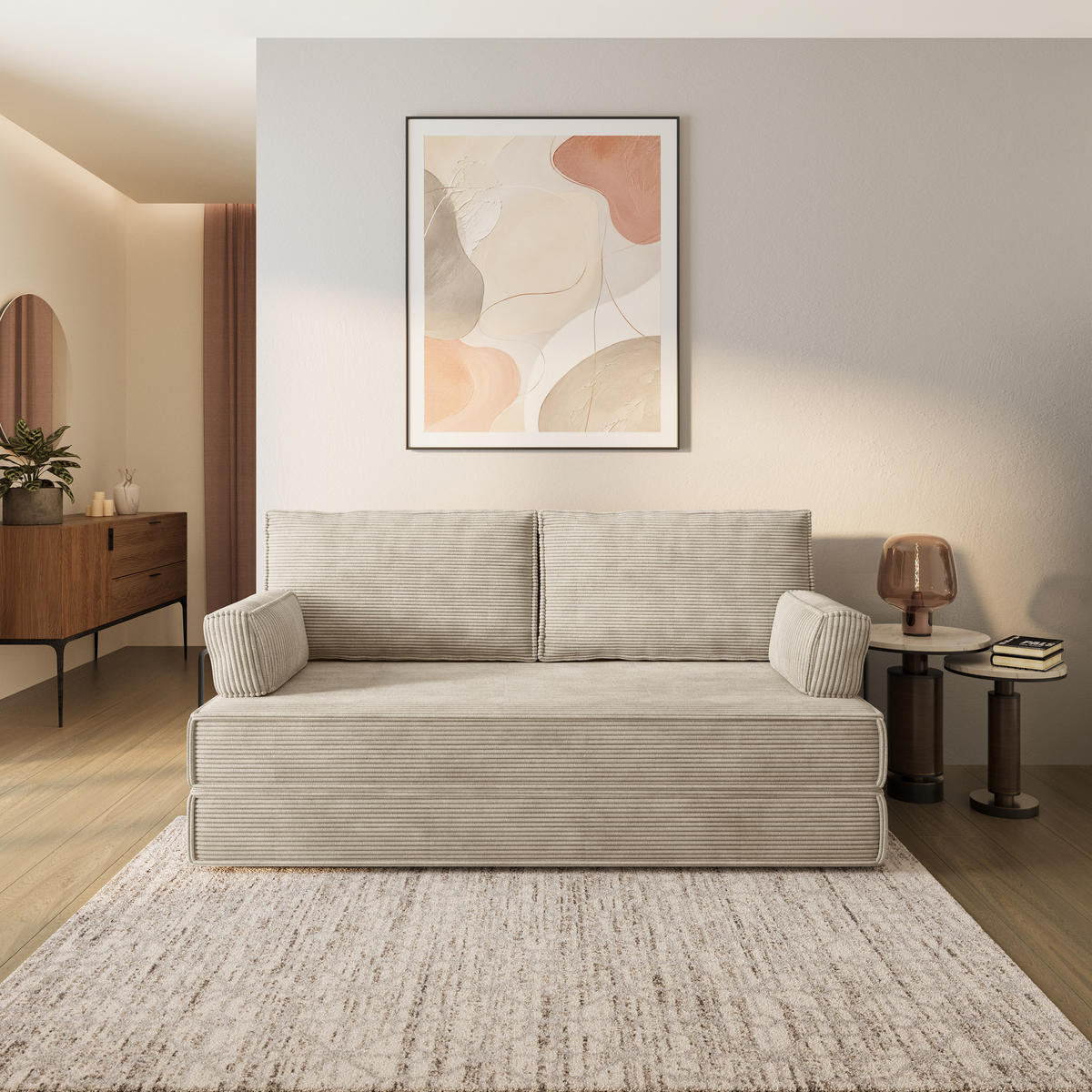 BETTSOFA SILAR aus Schaumstoff Cordstoff Creme Schlaffunktion - Creme, Textil (170/86/80cm) - MASSENO