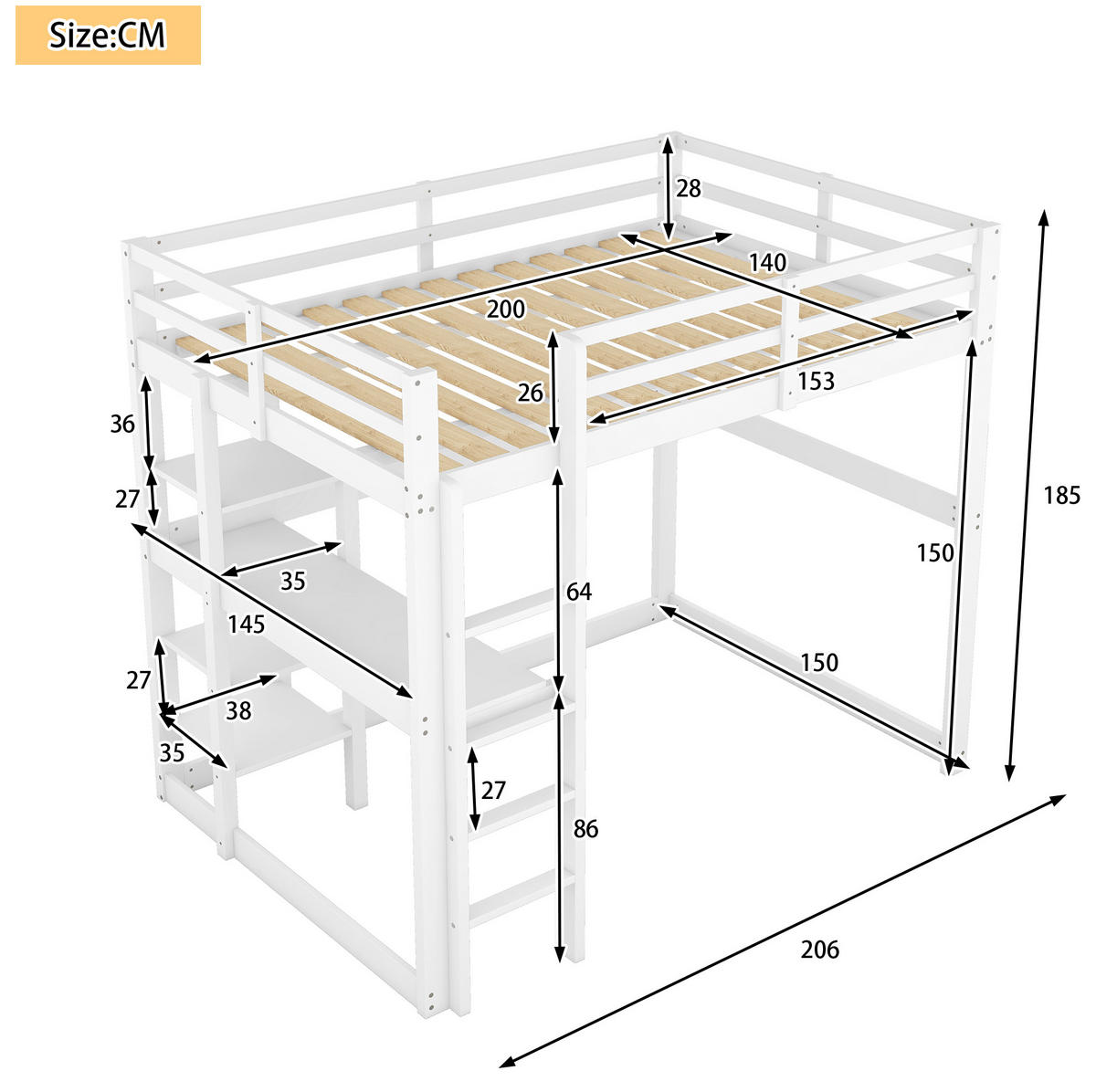 HOCHBETT 140/200 cm Antique White aus Kiefernholz und MDF mit Schreibtisch und 4 Ablagefächern - Weiß, Holz (140/200cm) - OKMYHOME