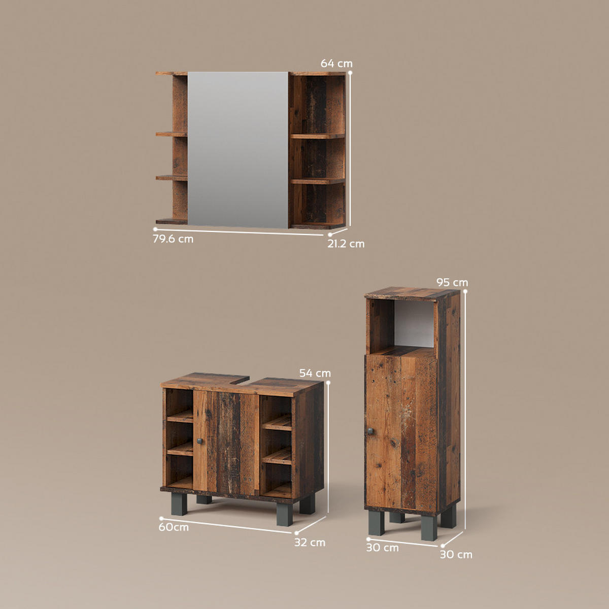 BADMÖBEL-SET Fucino Eiche rustikal 3 Teile, mit Midischrank - Wildeiche, Holzwerkstoff (60/54/32cm) - Livinity®