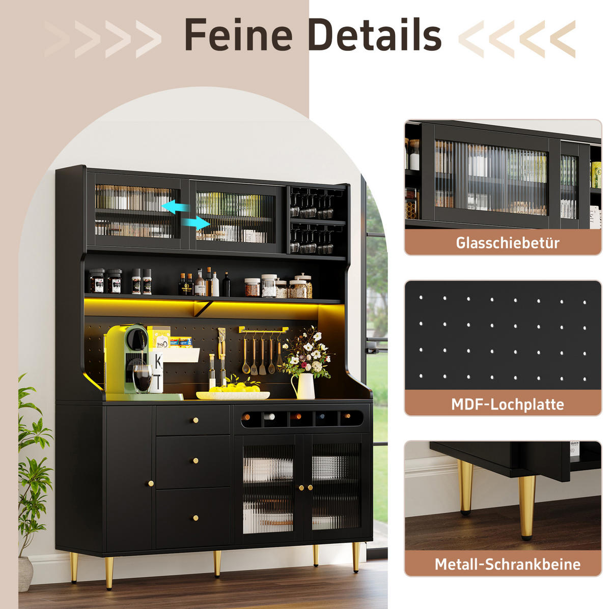 BUFFET 145/39/171 cm schwarz aus Glas und MDF mit LED - Schwarz, Glas (145/171/39cm) - OKWISH