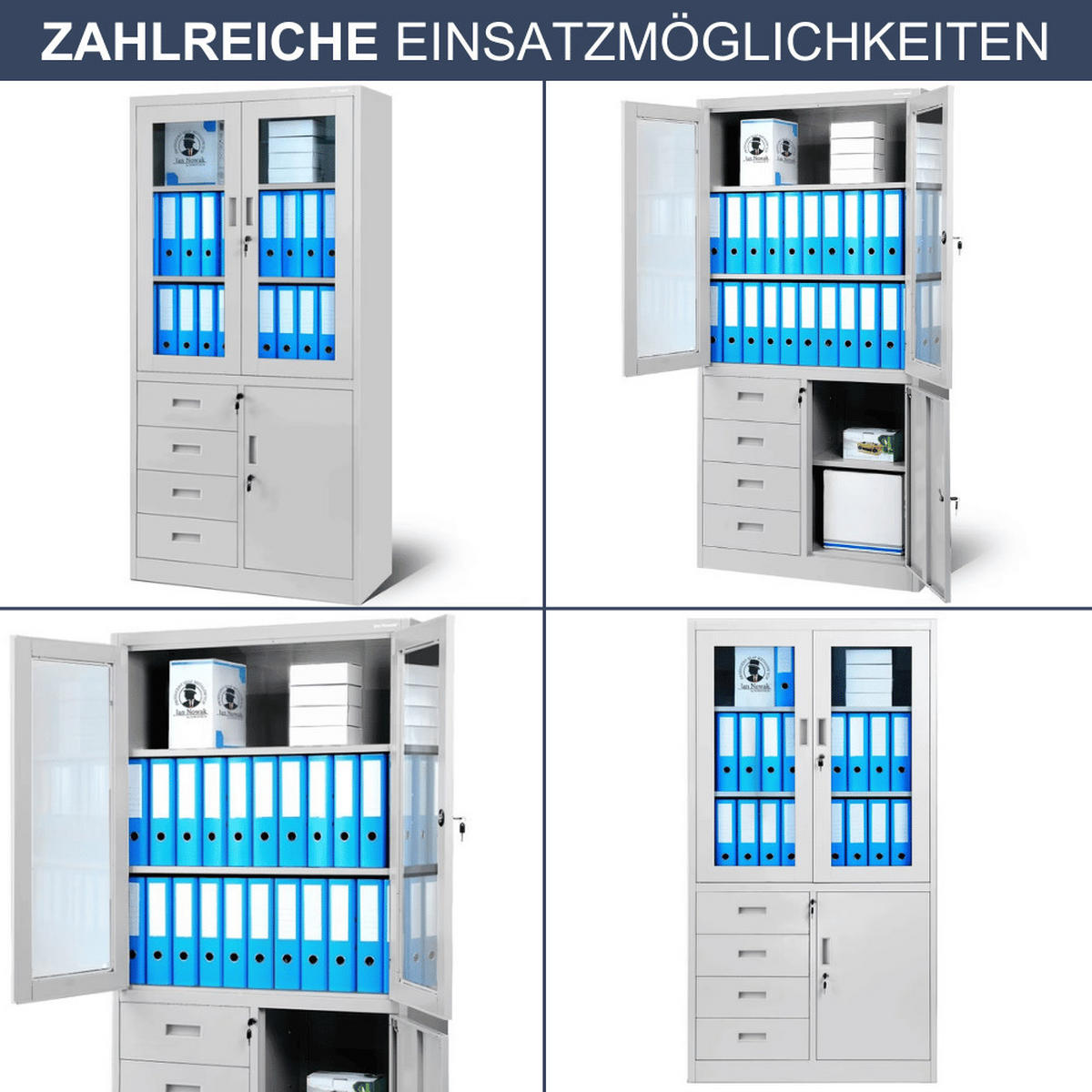 VITRINENSCHRANK abschließbar WIOLA mit Schubladen 185x90x40cm Grau - Grau, Metall (90/185/40cm) - Jan Nowak