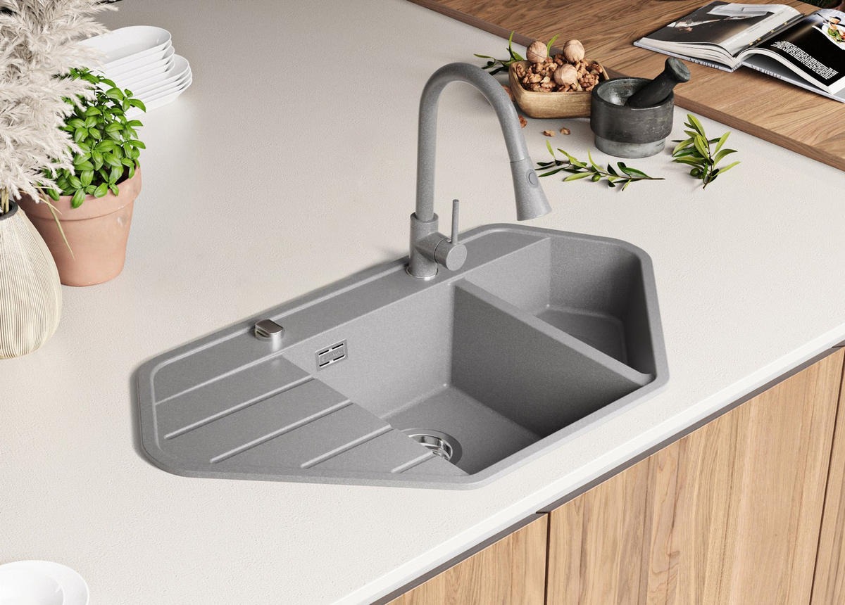 GRANITSPÜLE Kopenhagen Corner, 2-er set Grau 90/50 cm 1,5 Becken + Küchenarmatur 32/20 cm + Ablauf-Set ab 70er Unterschrank - Grau, Kunststoff (90/18/50cm) - Primagran