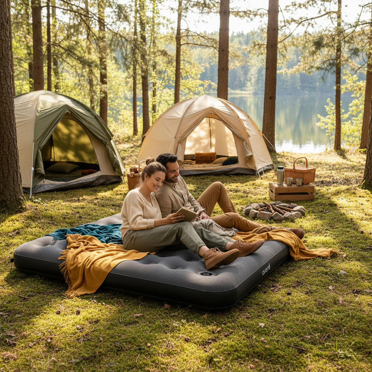 LUFTBETT Luftmatratze Camping CloudCoil grau mit Fußpumpe 203x152x22cm - Grau, Kunststoff (152/203cm) - Avenli