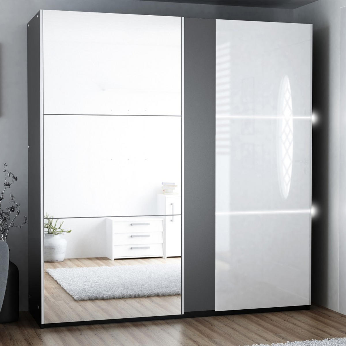SCHWEBETÜRENSCHRANK Tessa mit 2 Türen und Spiegel, 200 cm, Graphit+Weiß - Graphitfarben/Weiß, Holzwerkstoff (200/215/65cm) - Beautysofa