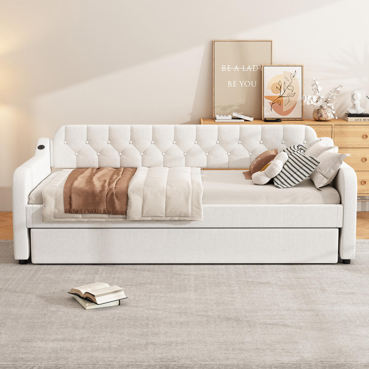 DAYBETT 90x200 cm Rollbett USB beige - Beige, Textil (90/200cm) - LEBENLANG