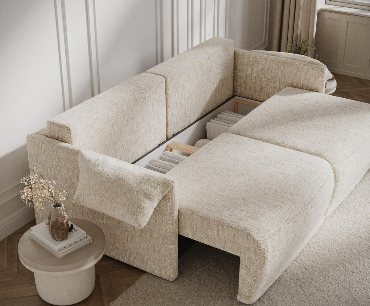 SCHLAFSOFA MIT ECKSOFA-FUNKTION Nappa Creme Webstoff - Creme/Schwarz, Holz/Holzwerkstoff (215/100/112cm) - Maison de Reve