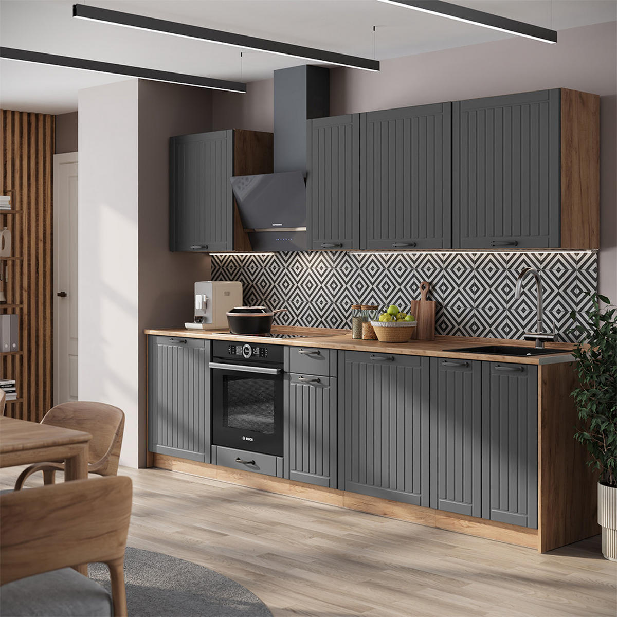 KUCHYNKA Fame-Line, Tmavo-sivá/Dub Goldkraft, 280 cm, AP Marble - dub medový/tmavosivá, kompozitné drevo (280/82/60cm) - Vicco
