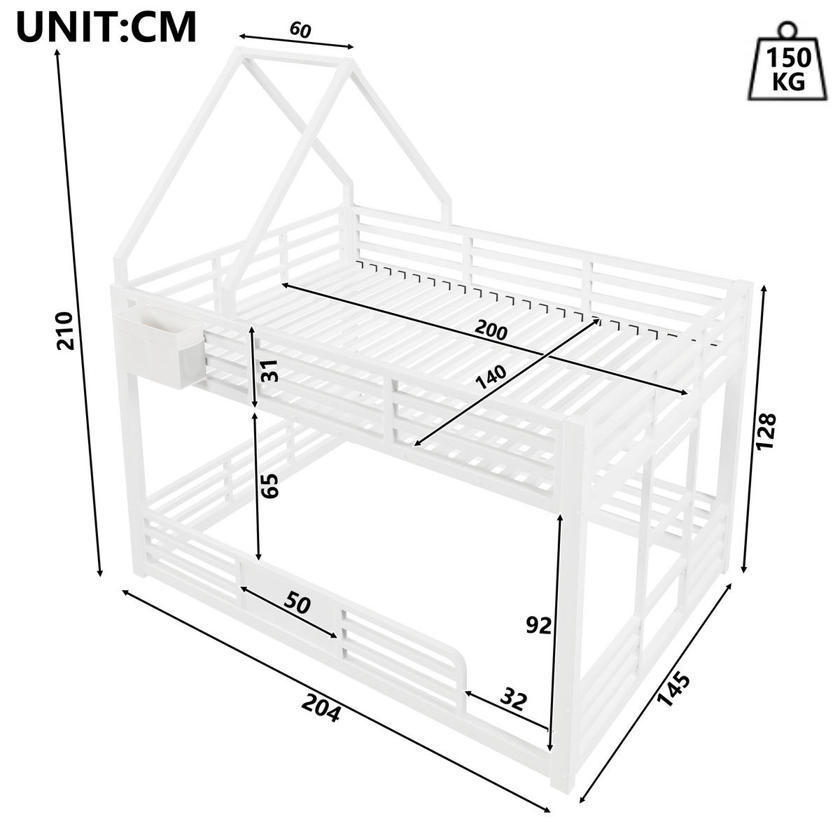 ETAGENBETT 140x200 cm mit LED-Beleuchtung, Hausbett-Design- Weiß - Weiß, Metall (140/200cm) - KOMHTOM