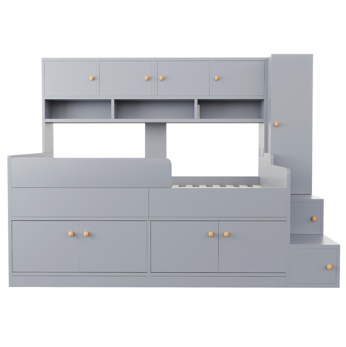 KINDERBETT Holz 90x200 cm Grau mit Stauraum, Leiter, Kleiderschrank und LED-Beleuchtung - Grau, Holz (90/200cm) - Modfu
