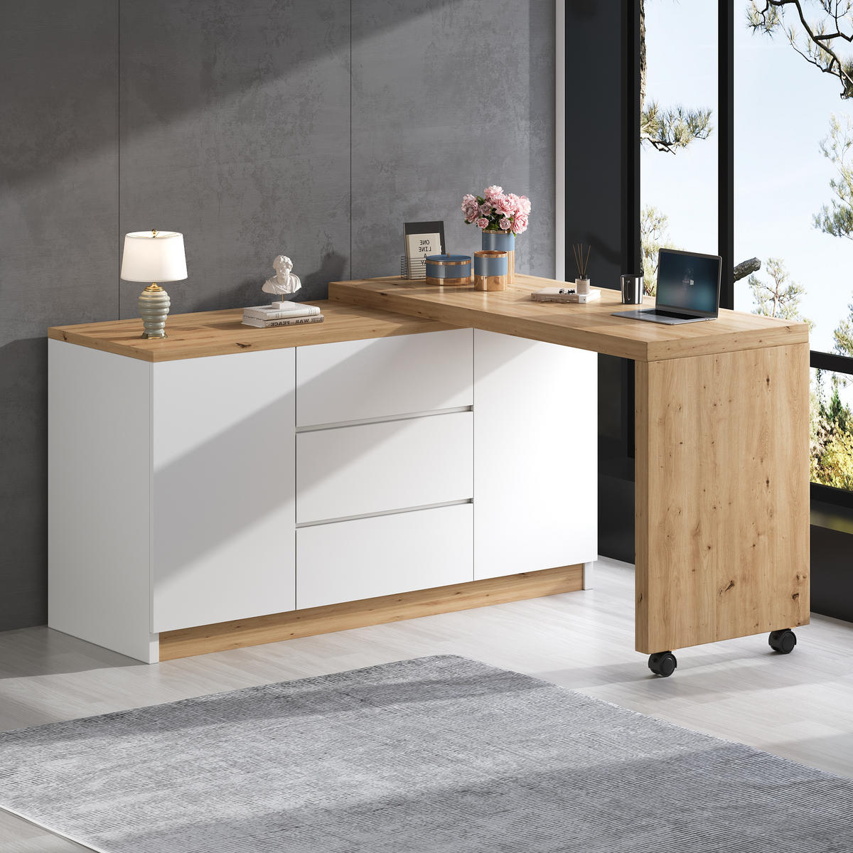 SCHREIBTISCH Rollen drehbar 4cm Tischplatte Weiß Eiche multifunktional - Weiß, Holzwerkstoff (120/50/76.5cm) - FLIEKS