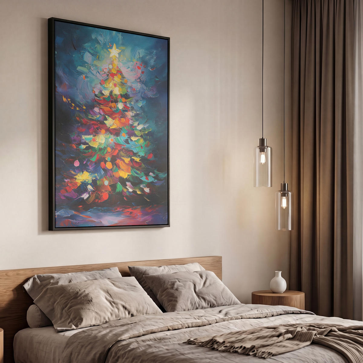 LEINWAND Bilder mit Rahmen - Weihnachtsbaum - Weihnachten - Abstrakt - Farbenfroh - 60x90 - Multicolor, Textil (60/90cm) - MuchoWow