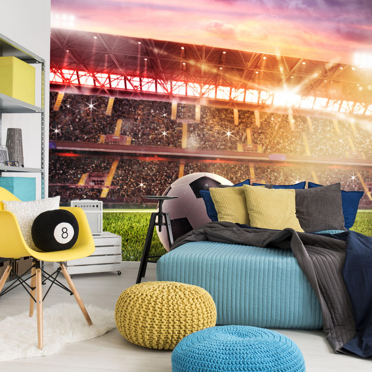 FOTOTAPETE für Jugendzimmer Fußballstadion Nachtlich Lichter Tribünen 300x210 - Gelb/Rot, Papier (300/210cm) - Muralo