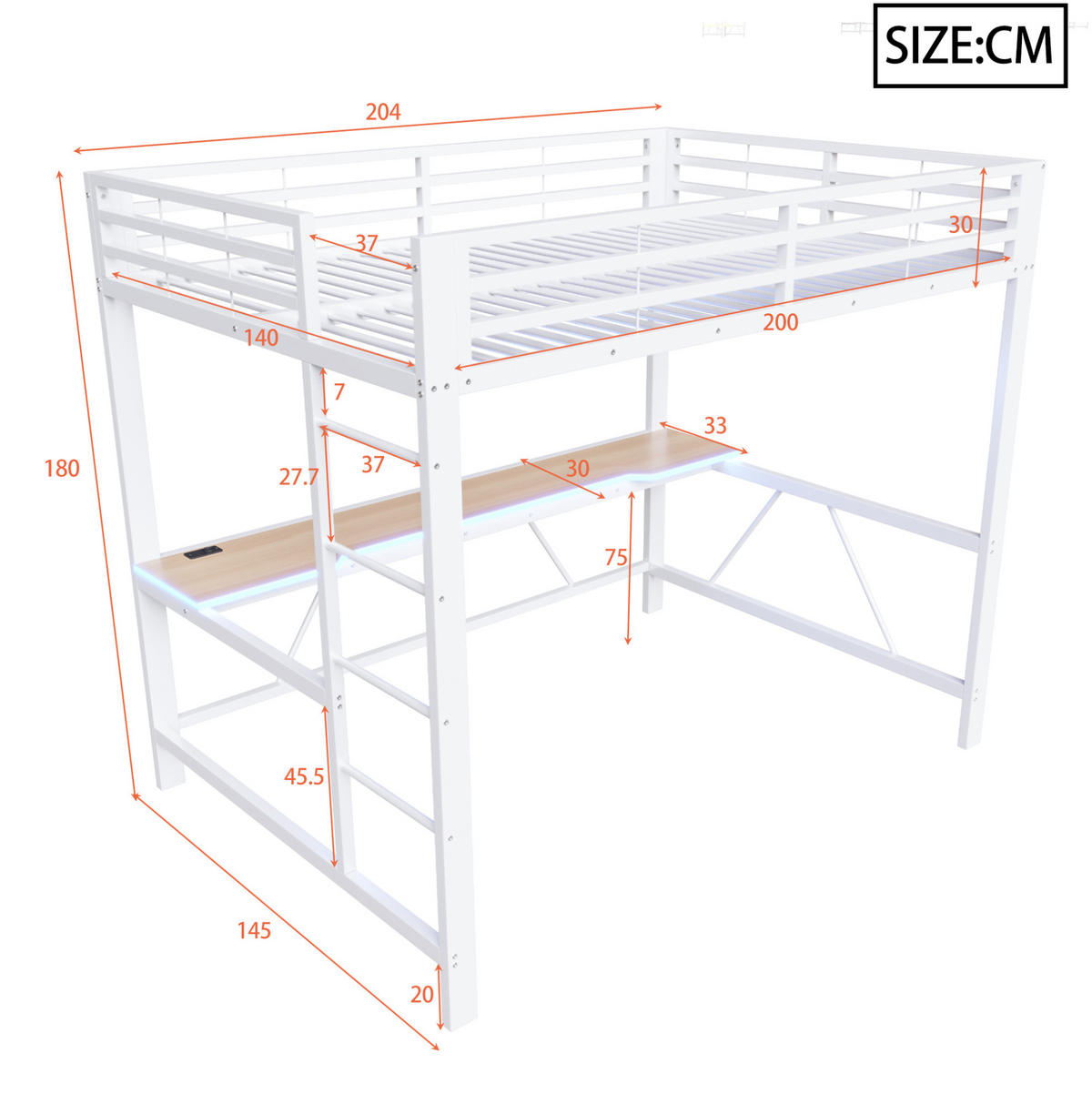 HOCHBETT 140/200 cm aus Metall und MDF mit Schreibtisch, LED-Beleuchtung und USB-Ladestation Weiß - Weiß, Holzwerkstoff (140/200cm) - Modenvie