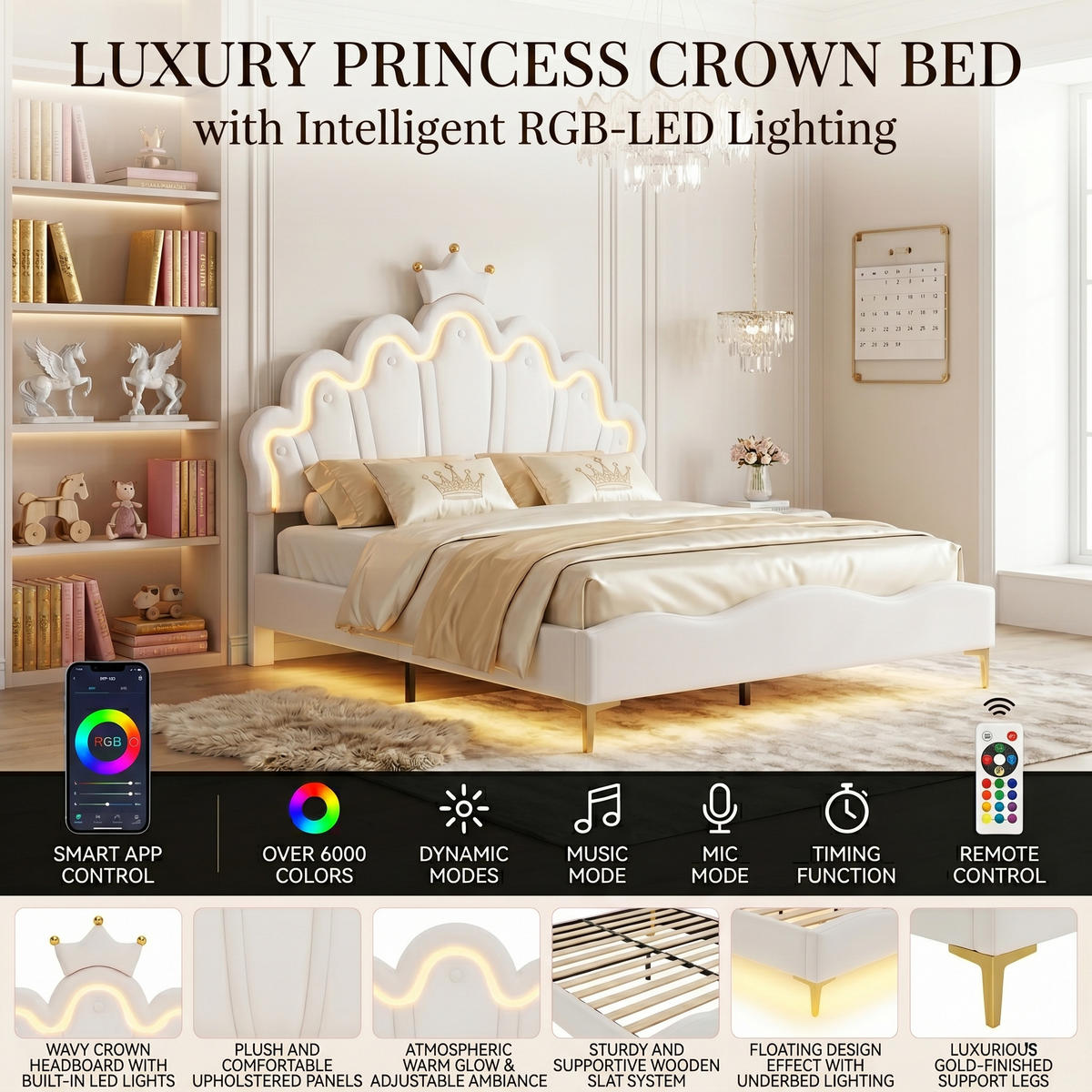 POLSTERBETT Bogen-Krone mit 2-Zonen-LED & Goldbeinen 140/200 cm PU-Leder Weiß - Weiß, Leder (140/200cm) - Creahappy