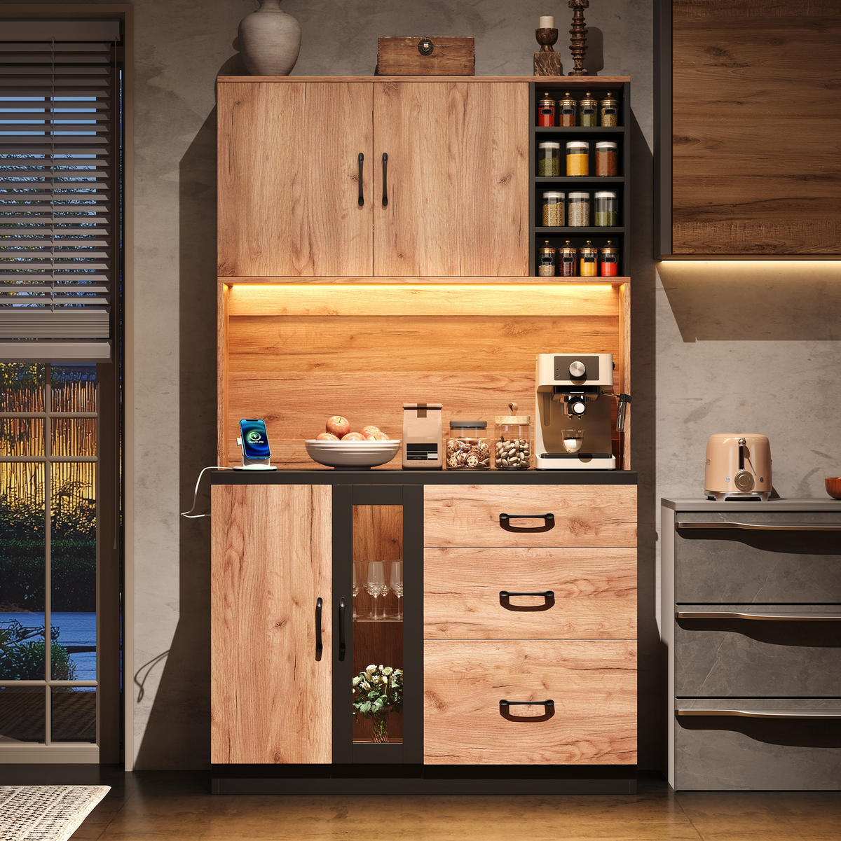 BUFFET aus MDF 105x40x180 cm Neutral mit LED-Beleuchtung, verstellbaren Einlegeböden und Steckdosenleiste - Naturfarben, Holzwerkstoff (105/180/40cm) - Modfu