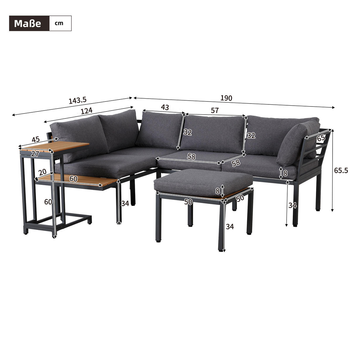 GARTENMÖBEL Set mit Sofa Beistelltisch Couchtisch als Fußhocker nutzbar aus Stahlrohr Kunststoffholz für Balkon Grau - Grau, Metall - FLIEKS