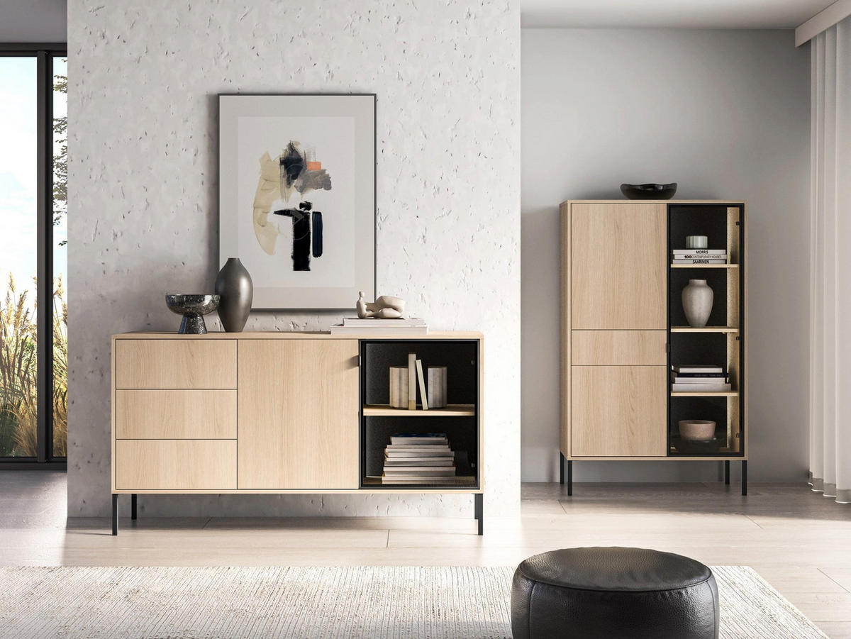 SIDEBOARD Barnee Eichenholzoptik 160 cm - Beige/Schwarz, Holzwerkstoff/Metall (160/86/40cm) - Selsey