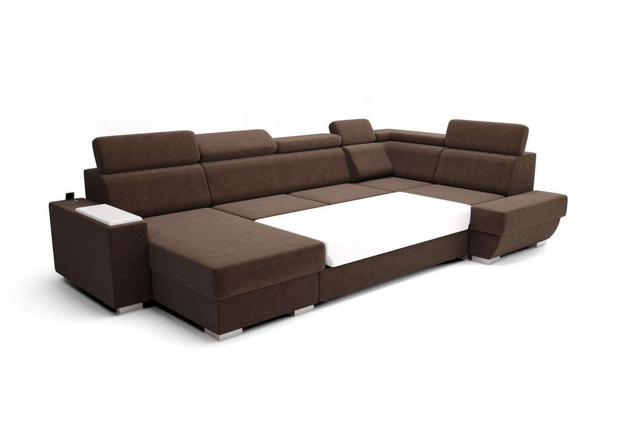 WOHNLANDSCHAFT KONGO RBN20, Eckcouch in U-Form mit Schlaffunktion, Farbe: Beige, Velourstoff, Ottomane Links - Beige, Textil (340/103/200cm) - O-Sofa