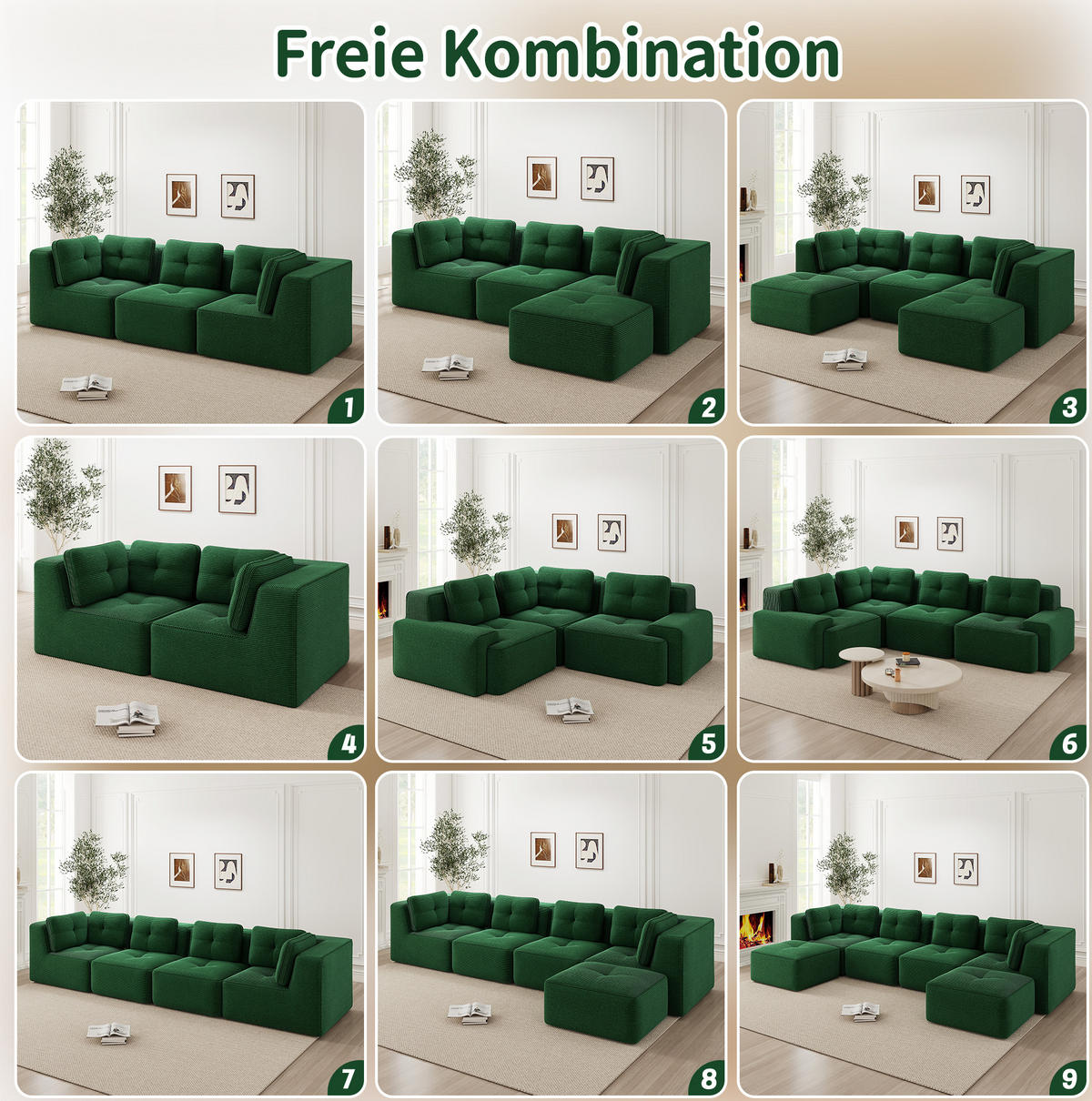ECKSOFA 208/177/69 cm grün aus Cordstoff modular und ohne Aufbau - Grün, Textil (177/208cm) - OKWISH