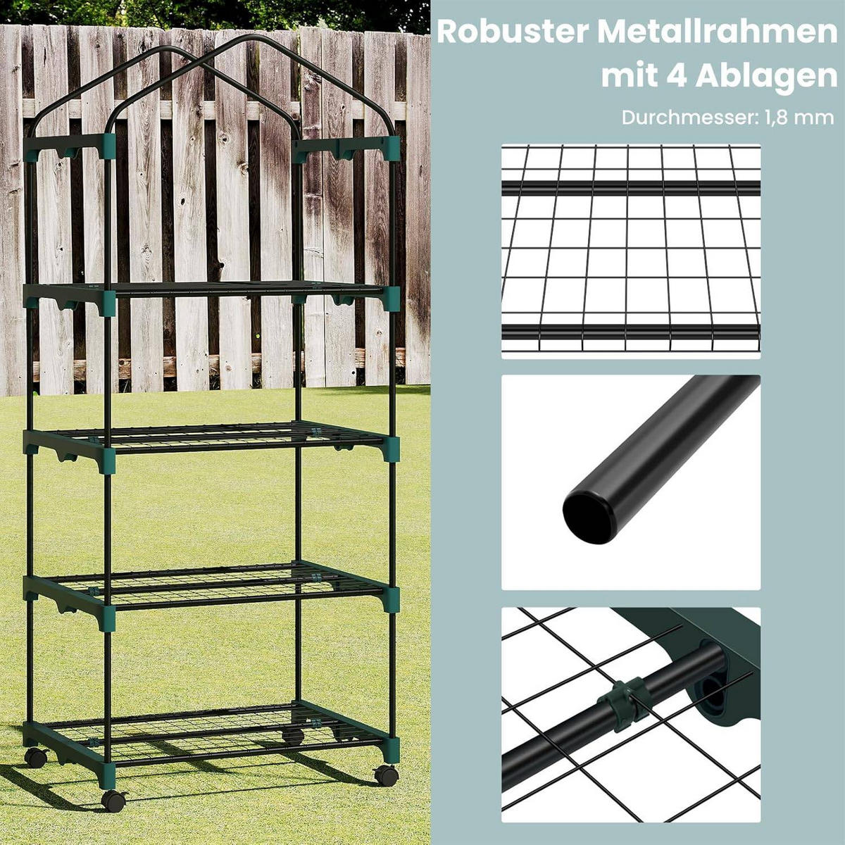 GEWÄCHSHAUS mit Rollen, Foliengewächshaus mit 4 Regalen - Weiß, Textil/Metall (70/162/50cm) - Woltu