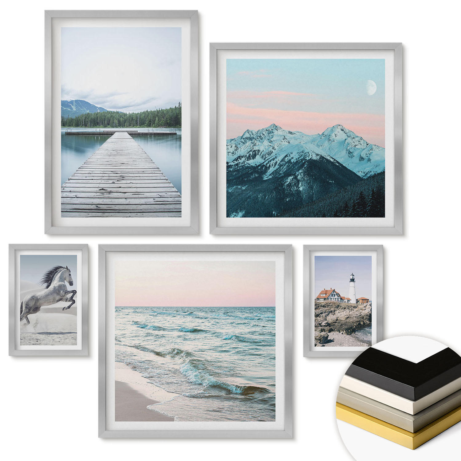 WANDBILDER 5er Set - 50x50 cm & 20x30 cm & 40x60 cm Silberner Rahmen - Landschaften europäischer Städte - Silberfarben, Kunststoff (40/60cm) - ArtPrintCave